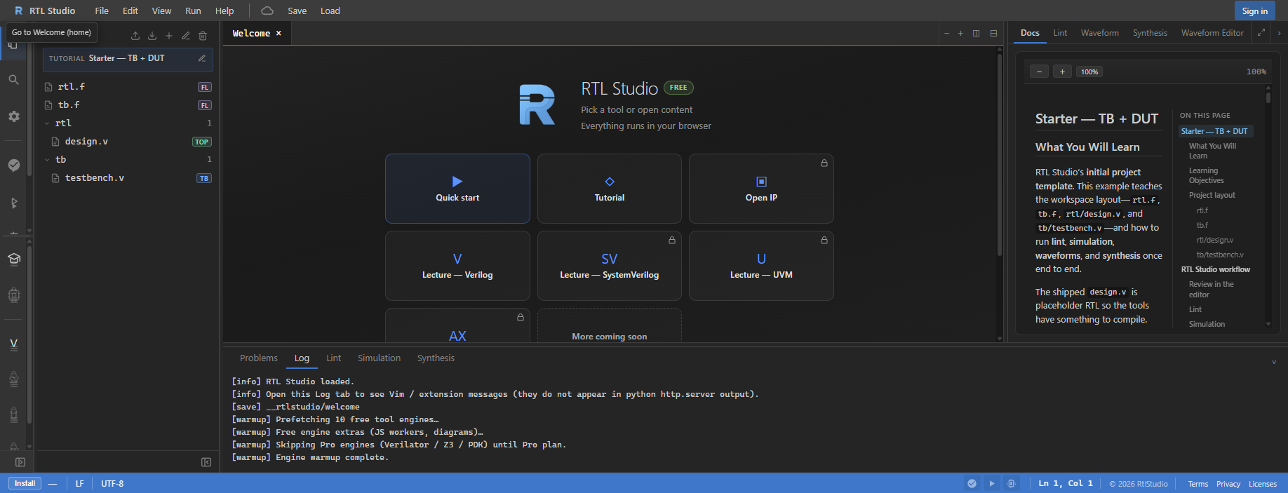 RTL Studio IDE — Welcome hub, explorer, docs, and log panel in the browser