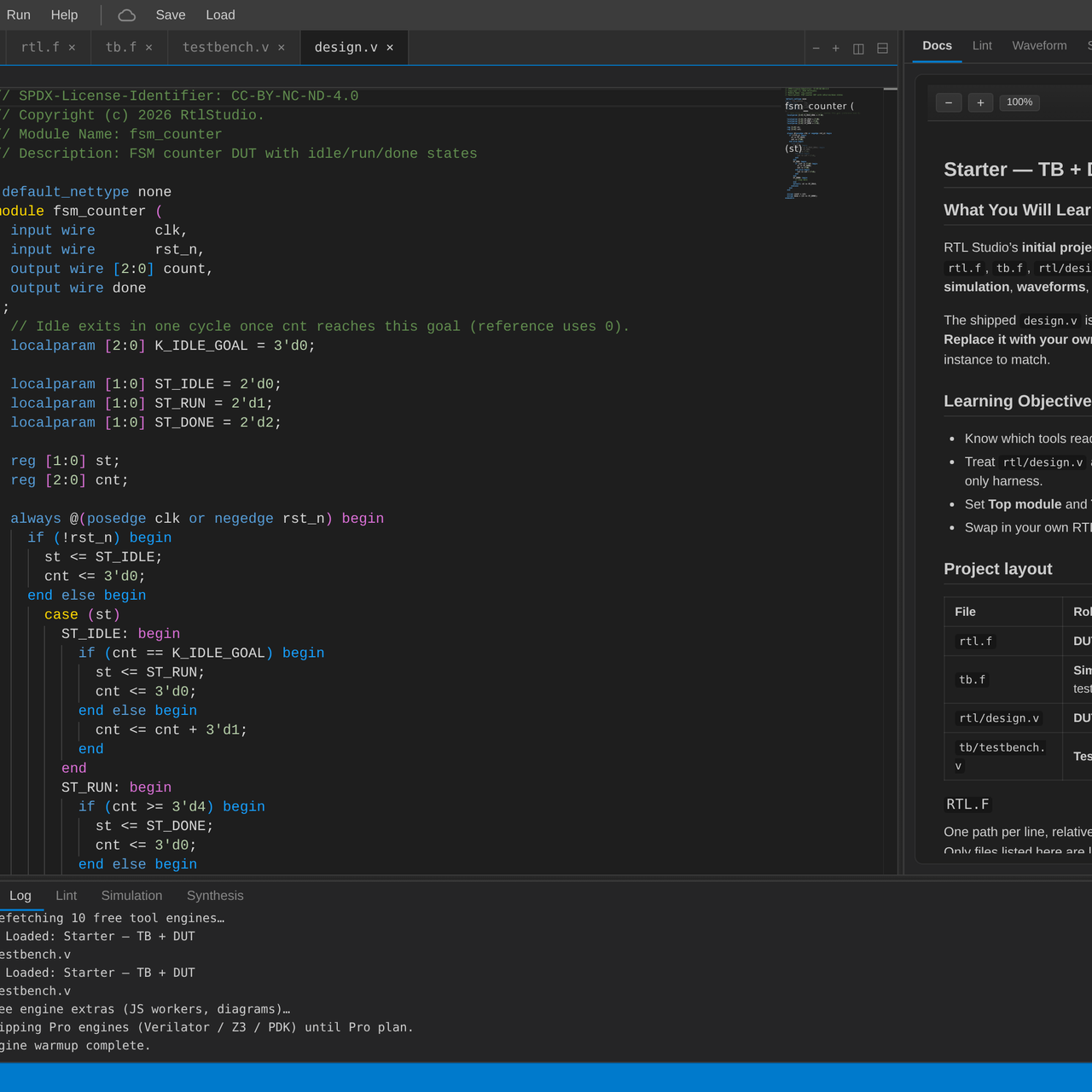Lint check panel with Run control and SystemVerilog editor