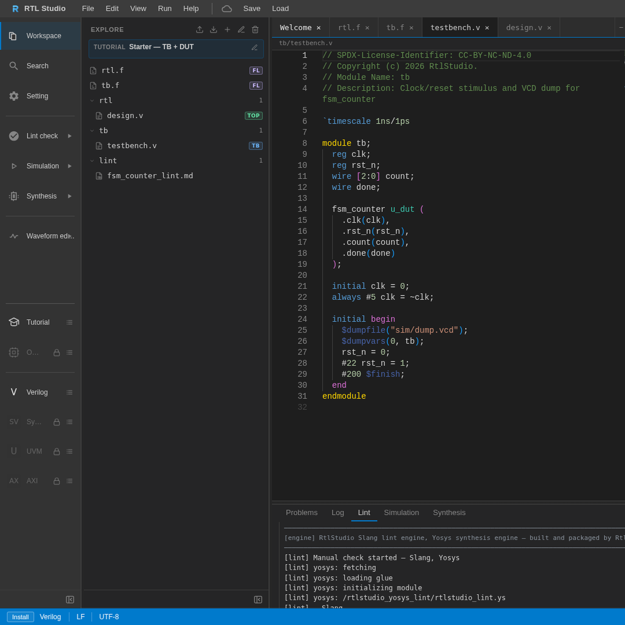Simulation panel with Run control and testbench source